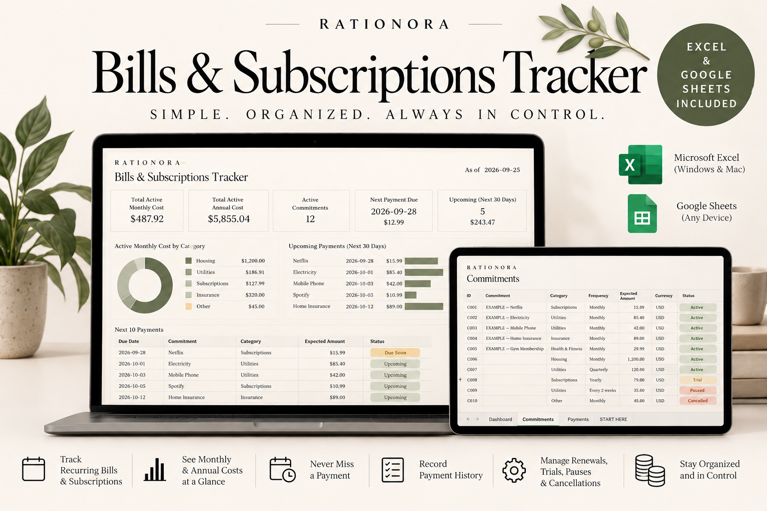Bills and Subscriptions Tracker cover: laptop dashboard with upcoming payments and tablet with recurring commitments; sample data