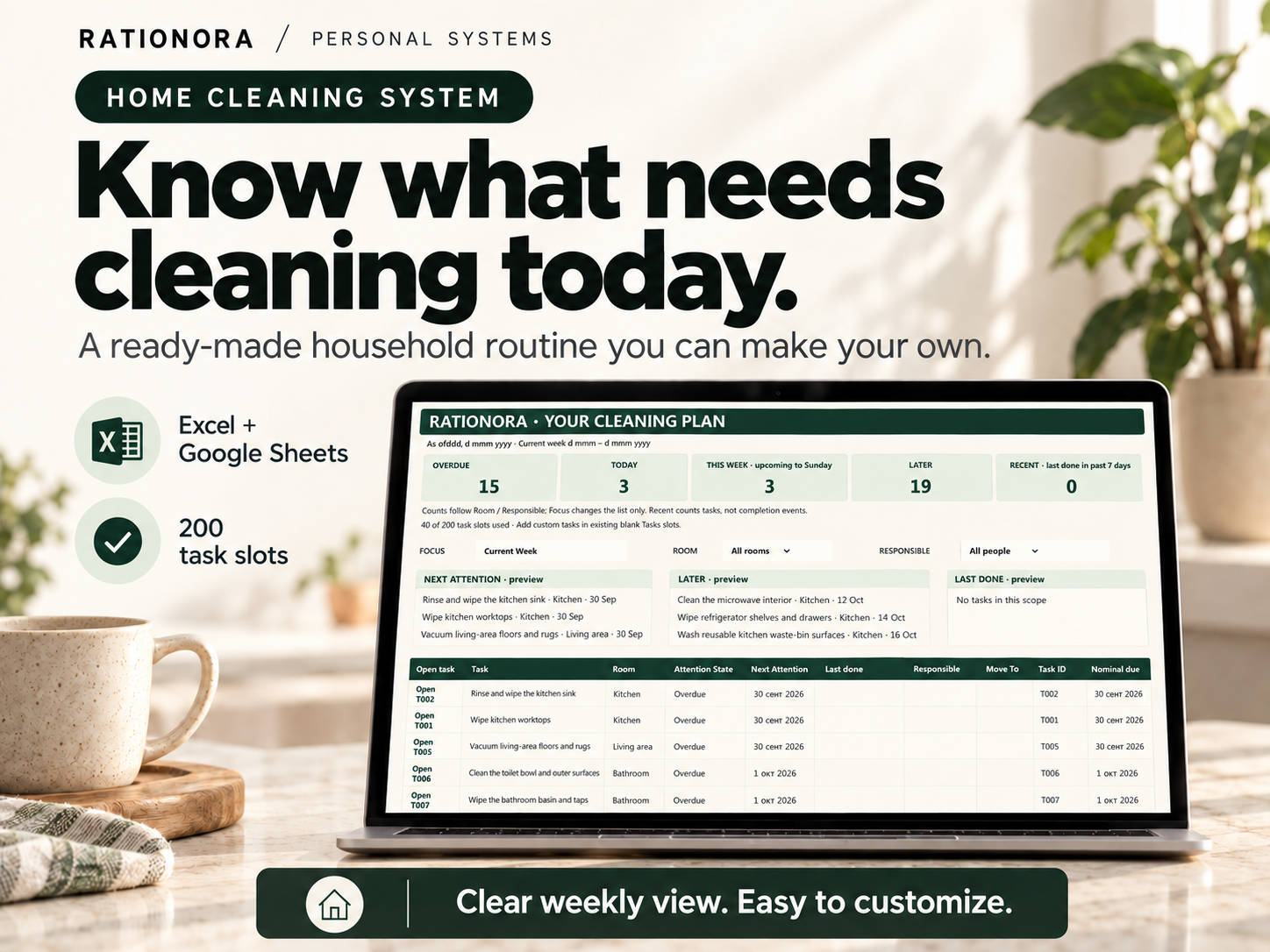 Home Cleaning System cover: laptop showing overdue, today and weekly cleaning tasks, with Excel and Google Sheets badges; sample data.
